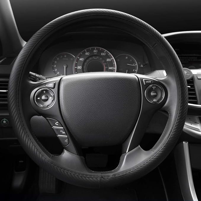 BDK UltraSport Series Steering Wheel Cover-Synthetic Leather Perforated Design & Stitching, All Black Carbon Fiber