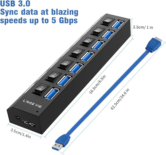 USB 3.0 Hub, 7 Ports USB Splitter USB A Port Data Hub with Independent On/Off Switch and LED Indicators, Lights for Laptop, PC, Computer, Mobile HDD, Flash Drive and More