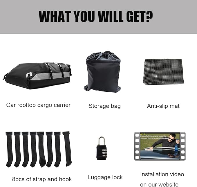 Car Roof Bag, Rooftop Cargo Carrier 21 Cubic Feet, Waterproof Car Topper Luggage Carrier with/Without Rack, Includes Anti-Slip Mat, 8 Reinforced Straps, 8 Door Hooks, Luggage Lock, Storage Bag