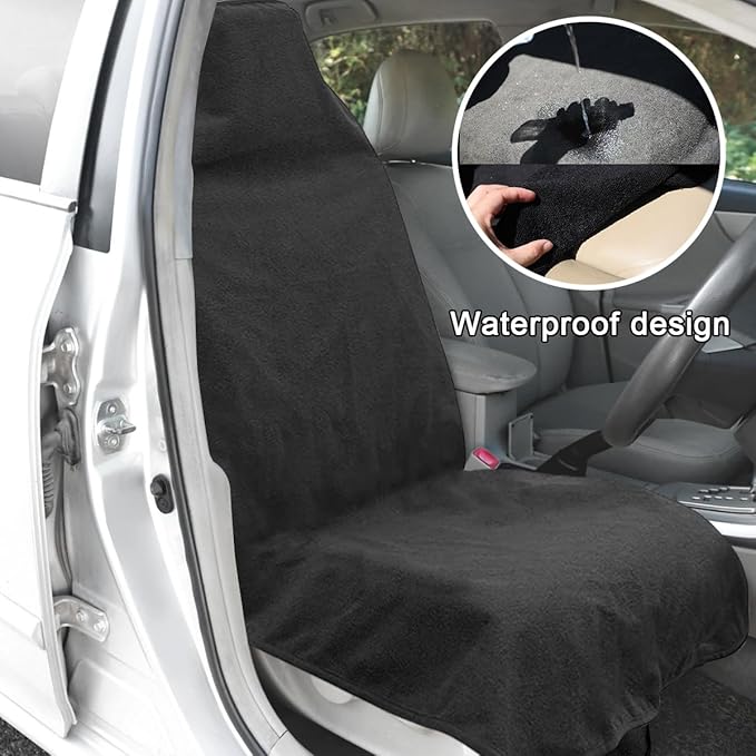 Waterproof Car Towel Seat Cover, Sweating Non-Slip Premium Towel Carseat Cover Protector, Universal Soft Machine Washable Car Truck SUV Front Seat Cover for Gym Workout Beach Hiking (Black)