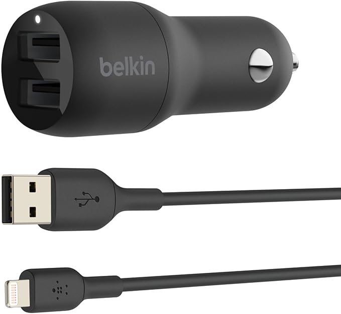 Belkin 24-Watt Dual USB Car Charger - 2 12W USB-A Ports with Lightning Cable - Fast Charging for Apple iPhone, Samsung Galaxy, AirPods, & More - USB-C Charger