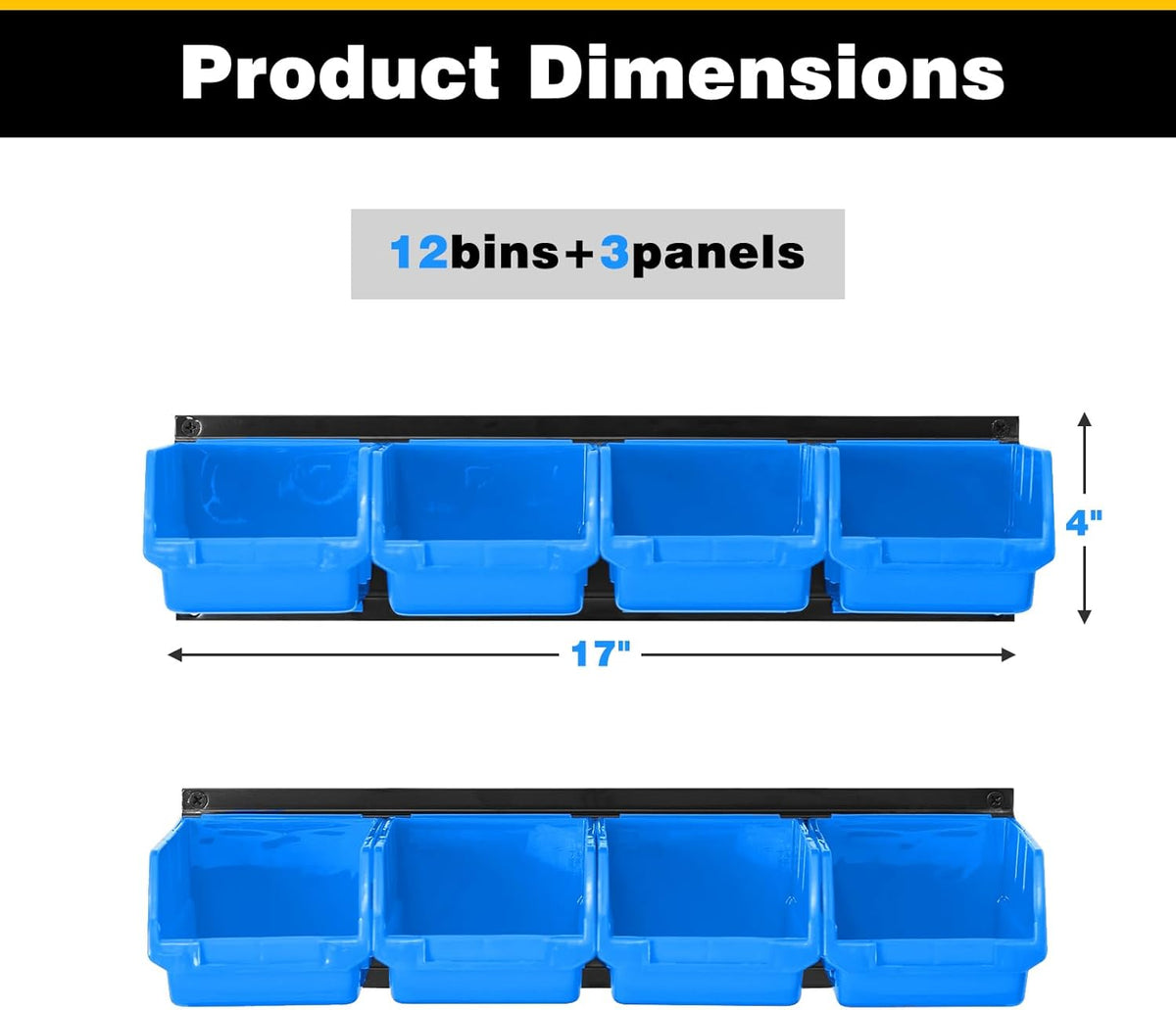 Ultrawall Wall Mounted Storage Bins, Plastic Hanging Storage Organizer Bins, Garage Tool Storage System for Screws, Nuts, Bolts, Nails, and Small Hardware Parts, 12x bins & 3 x rails, Blue
