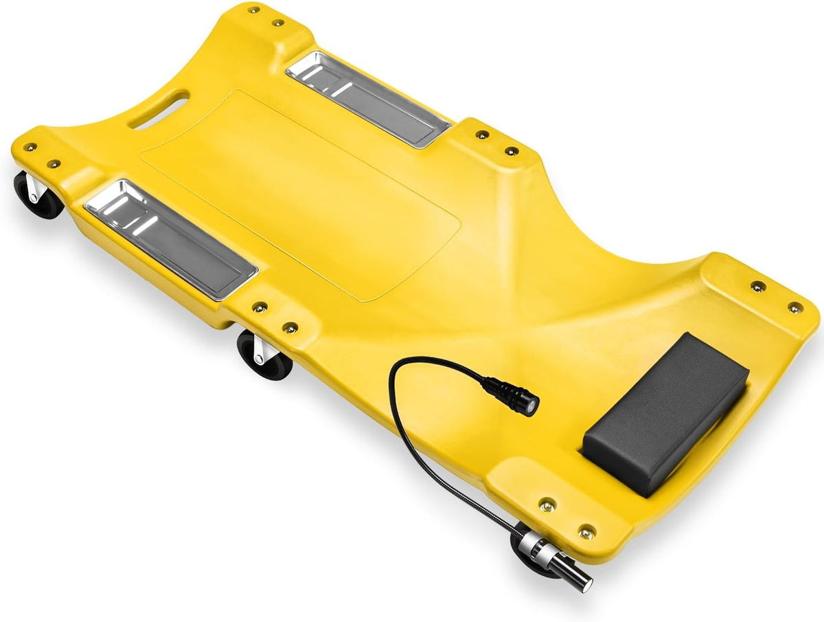 Auto Dynasty 40 Inches Mechanic Creeper, Automotive Garage Repair Low Profile Under Car Rolling Creeper with LED Light and Padded Headrest, Plastic, Yellow