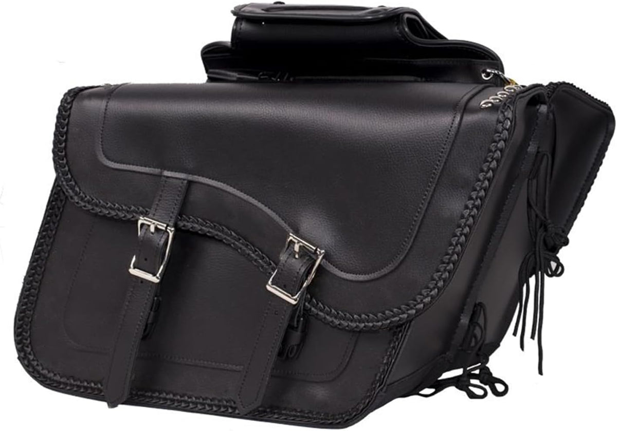 GARGOYLE BELLS Motorcycle Saddle Bags Synthetic Leather Motorcycle Luggage Bag Waterproof Throw Over Saddlebags For Softails Sportsters Choppers Dyna V-star Shadow (No Stud, Black, 16"x13"x11.5")