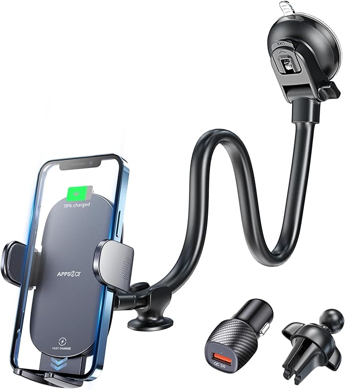 APPS2Car Wireless Car Charger 15W Fast Charging Car Phone Holder Charger Wireless Car Charger Mount for Dashboard Windshield Air Vent Compatible with iPhone 15 Pro Max Plus 14 13 12 Samsung LG & More