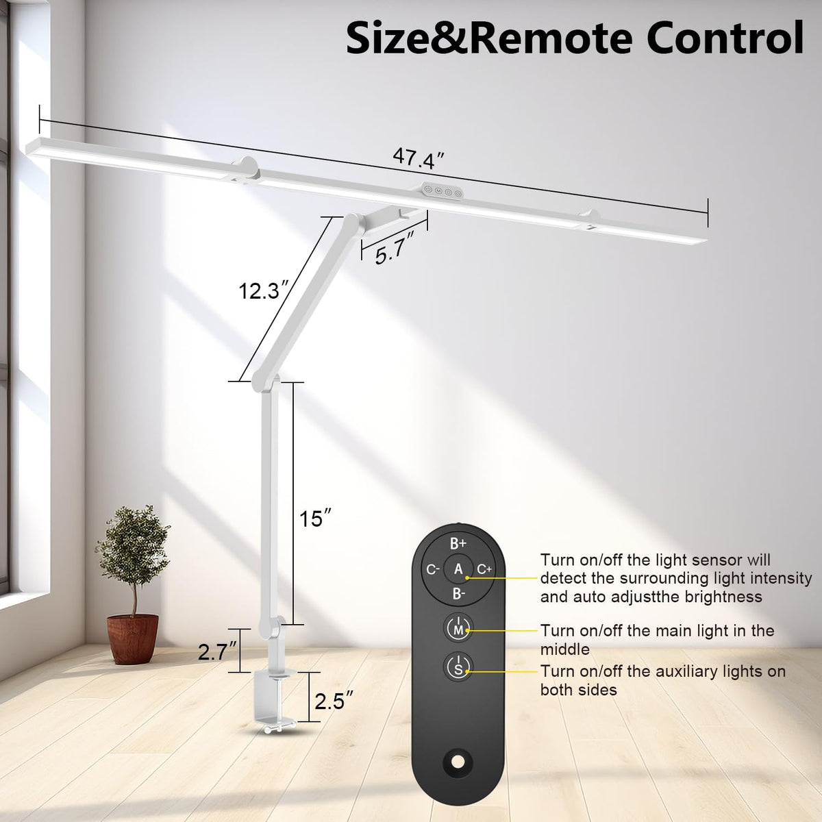 36W Ultra Bright Architect Desk Lamp with Clamp, Tall Overhead Rotatable Led Desk Light for Home Office, 47Inch Long Adjustable Monitor Light Bar with Remote for Computer Screen Desktop Table