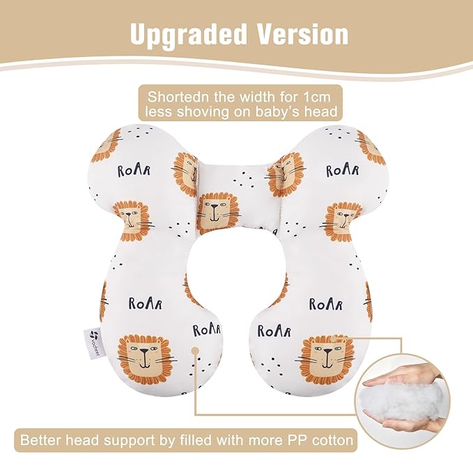 vocheer Baby Travel Pillow(Upgraded), Head and Neck Support Pillow for Pushchair, Car Seat,Stroller, Bouncer, Cotton, Lion