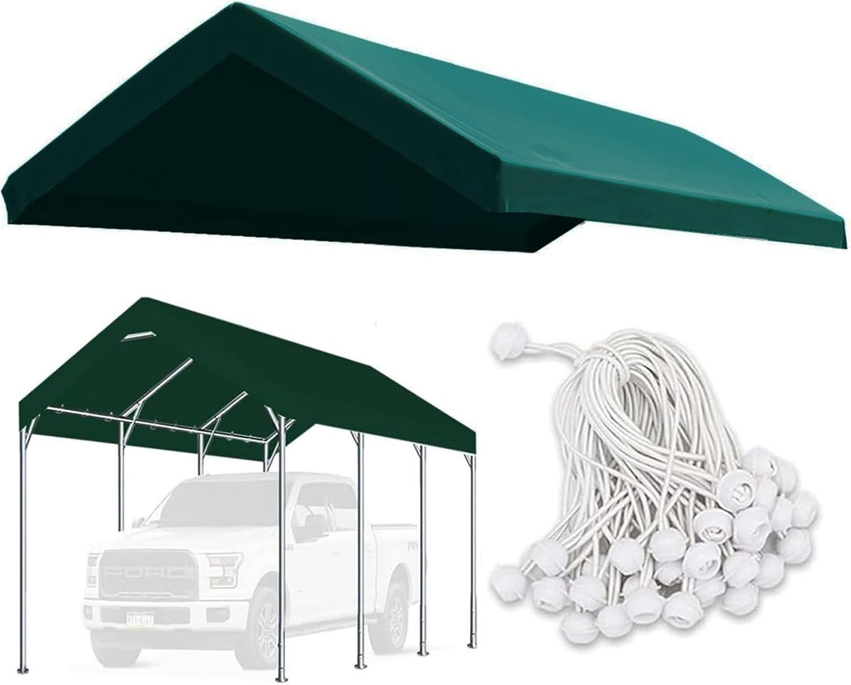 Carport Replacement Canopy Cover for Car Tent Top Garage Shelter Cover Tarp with Ball Bungees (Only Top Cover, Frame Not Include) (Green, 10’ x 20‘)