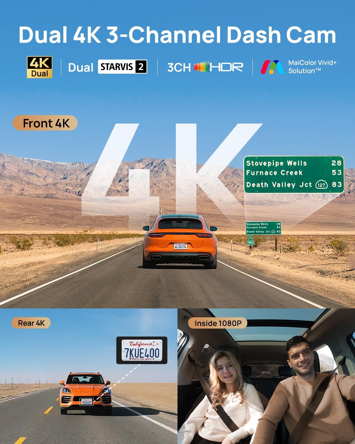 70mai 4K T800 3 Channel Dash Cam, Dash Cam Front and Rear Inside(2160P+2160P+1080P), STARVIS 2 IMX678, HDR Night Vision, Dash Camera for Cars with 512GB Card, WiFi 6, 4G LTE, ADAS, 24H Parking Mode