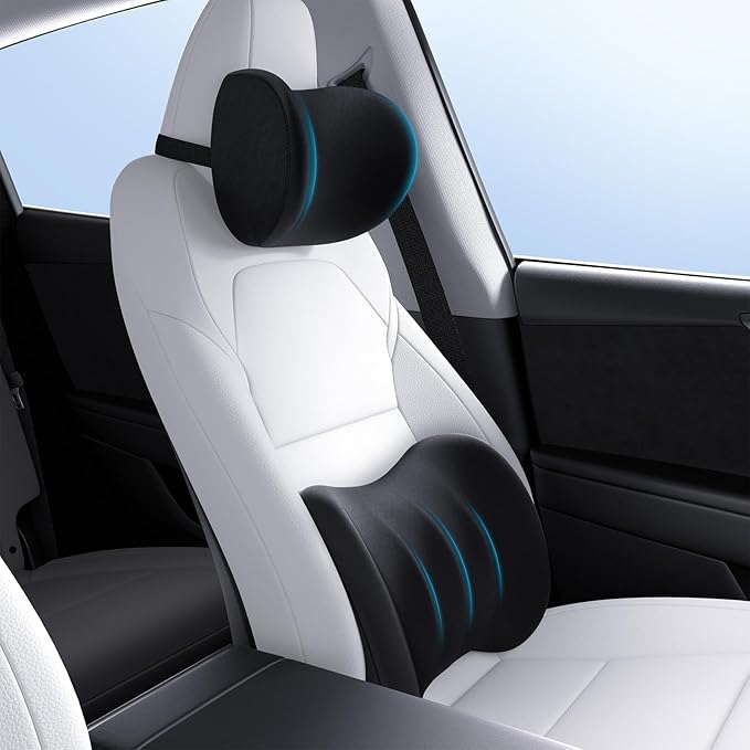 Wigoo 2026 Car Neck Pillow and Lumbar Support Pillow for Car Set [Ergonomic Design, Pressure Relief] Soft Car Headrest Pillow Back Cushion with Adjustable Strap, Fits All Vehicles (Black)