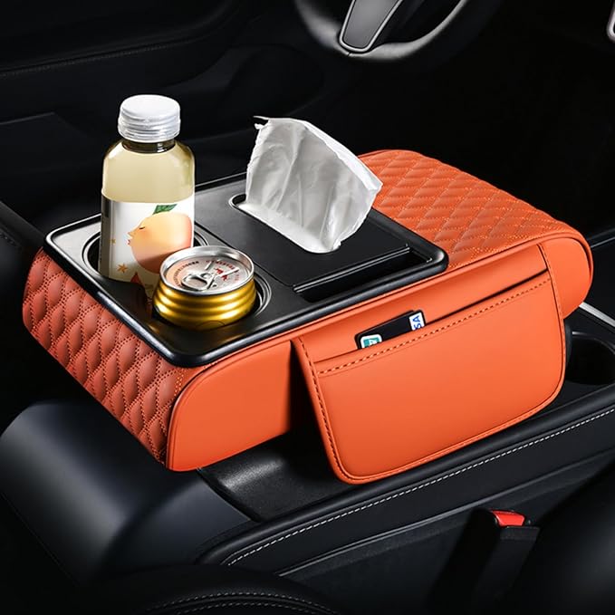 Car Center Console Armrest Pad, Arm Rest Box Cushion with Ergonomic Height Boost, Storage Pockets, Built-in Tissue Box, Cupholder, Fit for Most Sedan Vehicles (Embroidery Water Ripple, Pink)