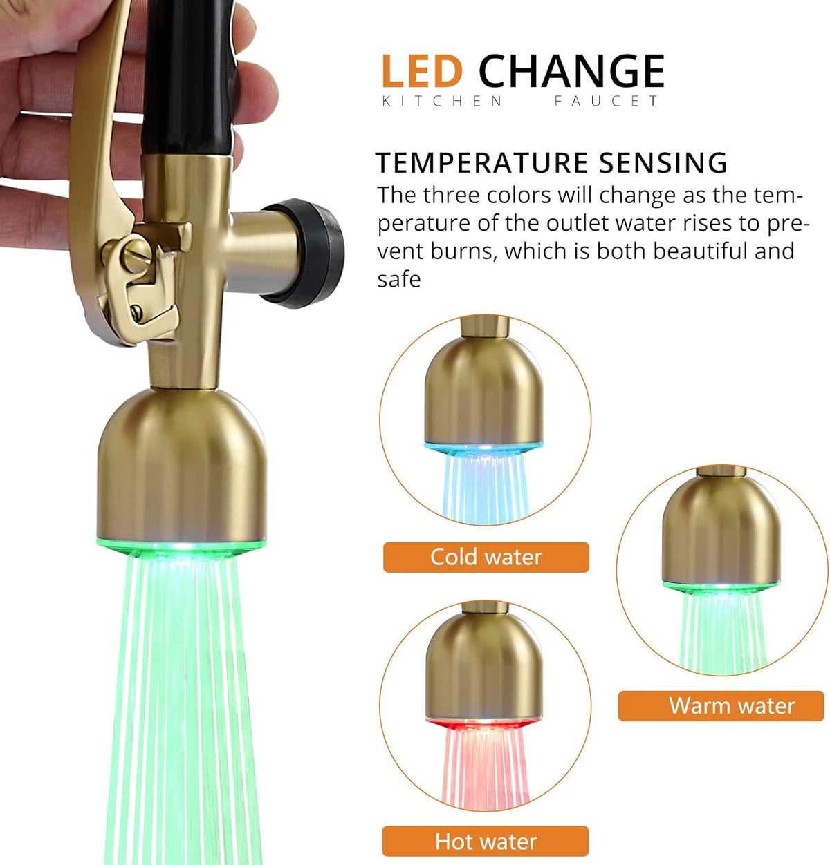 Fapully Commercial Kitchen Faucets with Pull Down Sprayer Brushed Gold LED Single Handle Faucet for Kitchen Sink, Kitchen Faucet with Soap Dispenser and Deck Plack for 4 Hole