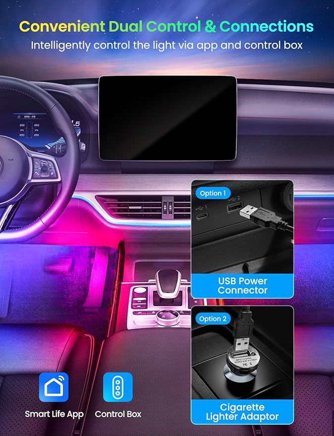 Pak Car LED Lights, Smart RGB+IC 72 LED Car Interior Light, 16 Million Colors Strip Light, APP Control, Music Mode, Scene Modes, 2 Lines Design with Car Charger, Under Dash Lighting for SUVs, Trucks