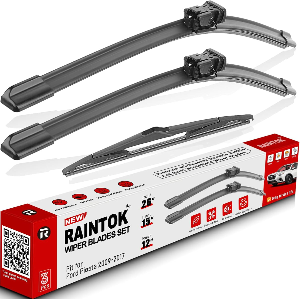 Windshield Wiper Blades Replacement for 2009-2017 Ford Fiesta Original Factory Quality Front Rear Wipers Blade Set for My Car - 26" 15" 12" (Pack of 3)