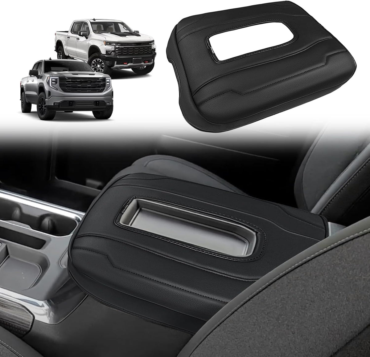 Muslogy Center Console Armrest Cover Compatible with Chevy Silverado & GMC Sierra 1500 2500 3500 2022-2025 Comfort Armrest Pad Arm Rest Cushion Vegan Leather Protector Regular Thick(Bucket Seat ONLY)