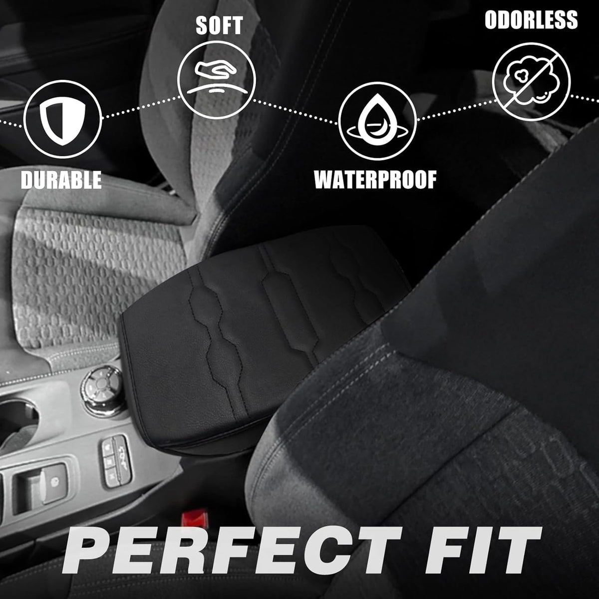 Muslogy Center Console Armrest Cover Compatible with Ford Ranger 2024 2025 Accessories Comfort Armrest Pad Cushion Box Lid Cover Vegan Leather Protector Regular Thick(Black/Black Stitching)