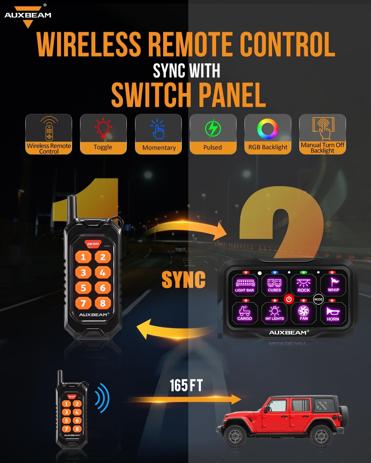 Auxbeam 8 Gang Switch Panel RC-800 RGB Wireless Remote Control Range Up to 165FT Multifunction Switch Pod 3 lighting modes with Backlit Off and Auto Dimmable for RV Offroad Waterproof 2 Years Warranty