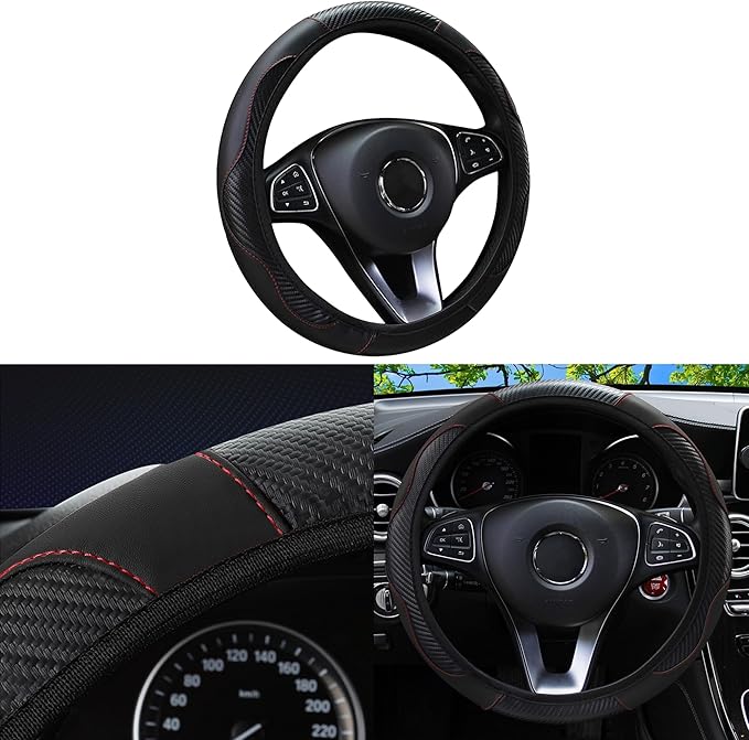 Car Steering Wheel Cover, 15 inch Carbon Fiber Microfiber Anti-Slip Breathable PU Leather Elastic Steering Wheel Protector, Car Interior Accessories for Most Cars (Black)