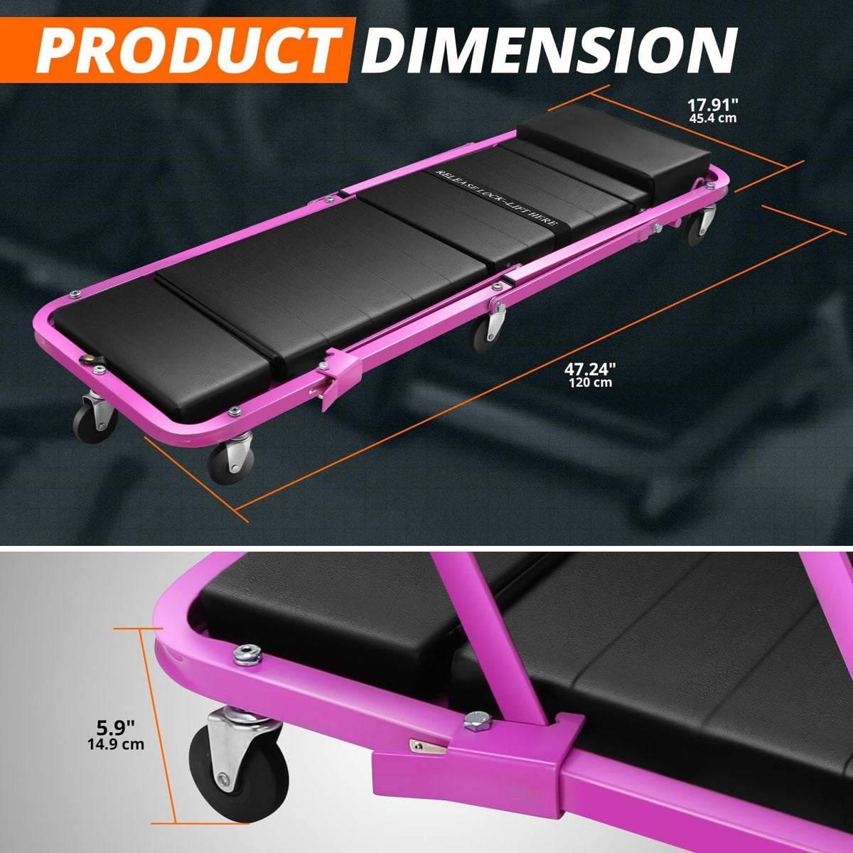 DNA MOTORING 48" 2 IN 1 Folding Rolling Garage Shop Creeper Roller Seat, 7 Pcs 2" Casters, 350 Lbs Weight Capacity, Purple, TOOLS-00193-PR