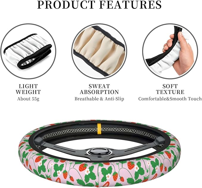 Strawberry Steering Wheel Cover for Women Elastic Rubber Steering Wheel Universal 15 Inch Fit for Cars, Auto, SUVs