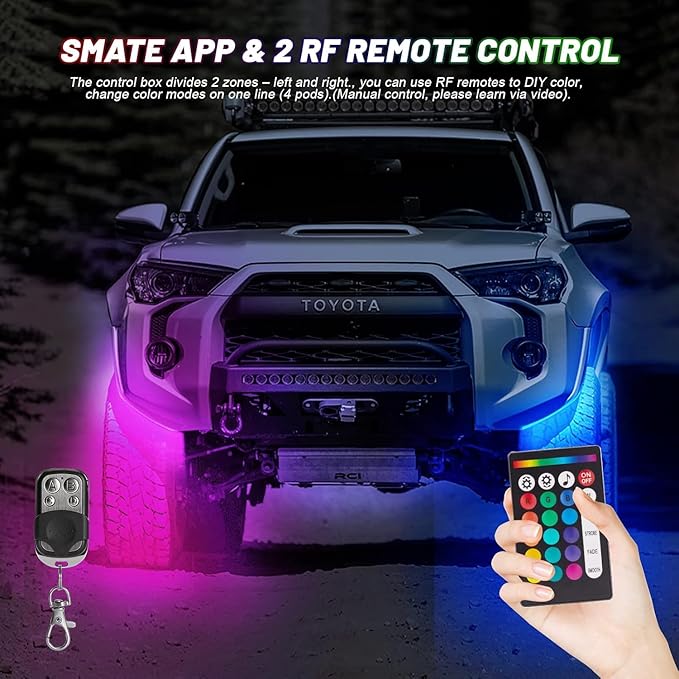 20 Pods RGB LED Rock Lights for Semi Trucks Offroad Pickup Trailer Sedan Boat, 12V Waterproof Dual Zone APP/RF Control Music Mode Brake Light Red Green Blue Underglow Neon Kit with Extension Wires