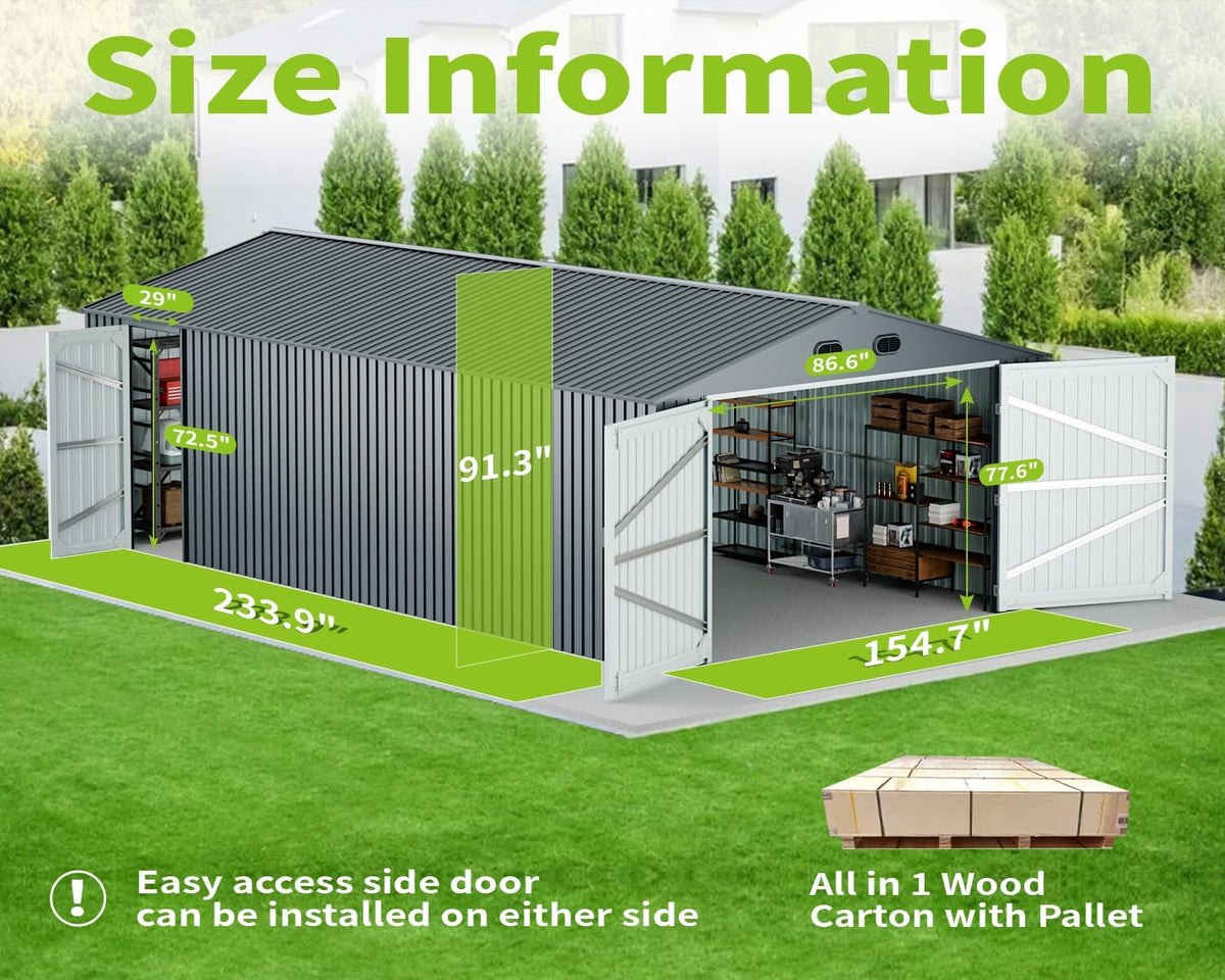 20 x 13 FT Outdoor Storage Shed, Large Metal Garden Shed with 2 Lockable Doors, Tool Shed Outdoor Storage with 4 Air Vents, Garage Shed Waterproof for Car, Truck, Bike, Garbage Can, Tool, Dark Gray