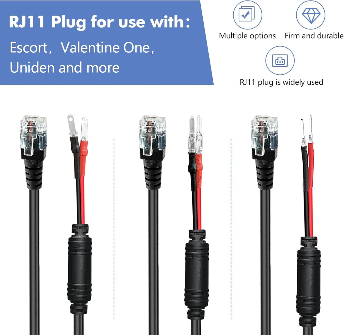 Radar Detector Hardwire Power Cord, Rearview Mirror Plug Cable, with Inline Fuse Holder,Suitable for Escort Beltronics Valentine One Cobra Whistler Radar Detector,3-Piece Set,17.7'' (RJ11)