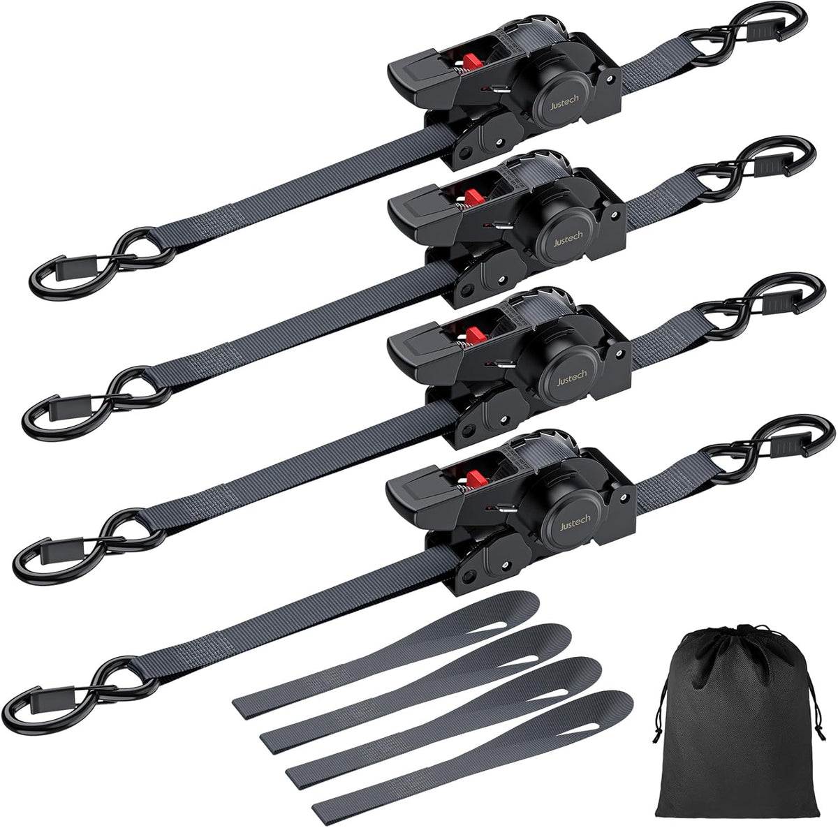 Justech 4 Pack Retractable Ratchet Straps, 1 in x 11.6 ft-1411 lbs Break Strength, Heavy Duty Auto Ratchet Tie Down Straps with Soft Loops & Storage Bag for Motorcycle, Truck, Trailer, Cargo Van, Boat