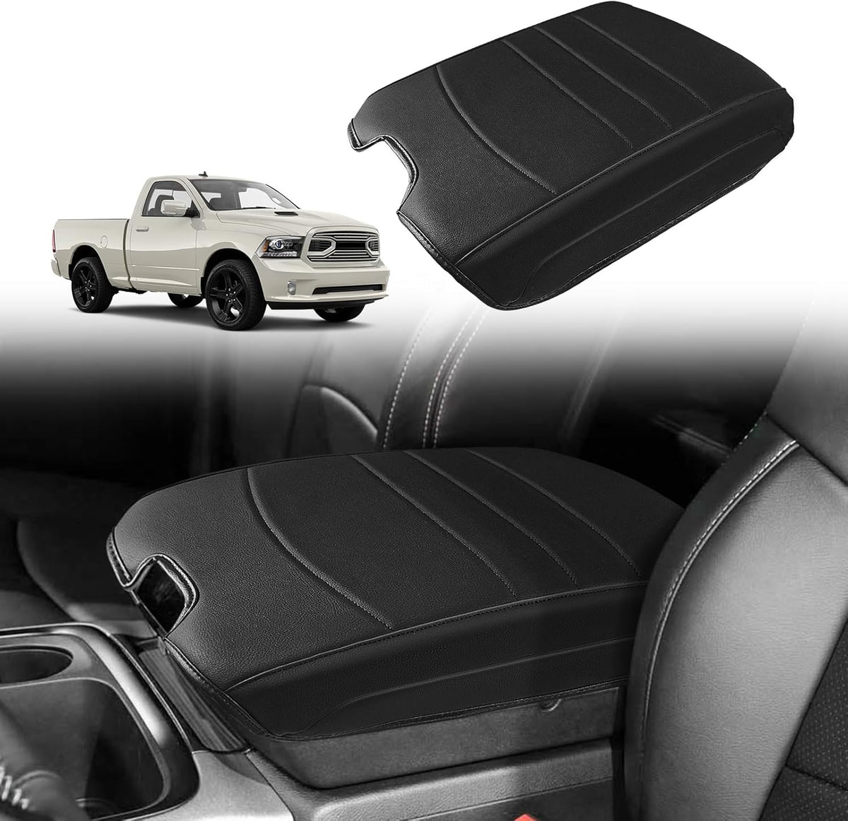 Muslogy Center Console Armrest Cover Compatible with Dodge Ram1500/2500/3500 2013-2018 Comfort Armrest Pad Arm Rest Cushion Vegan Leather Protector Regular Thick(Bucket Seat ONLY)