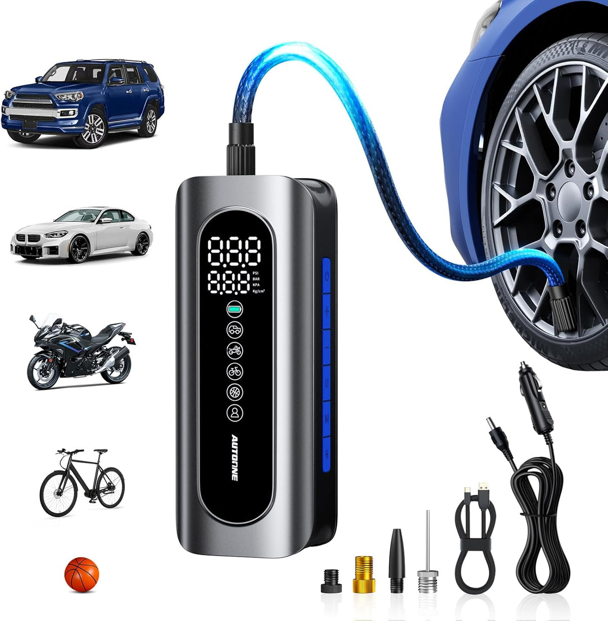 AUTOONE Tire Inflator Portable Air Compressor - 4X Faster 150PSI Cordless Air Pump with Digital Tire Pressure Gauge, 12V Car Power Adapter - For Car, Motorcycle, Bike, Ball and More