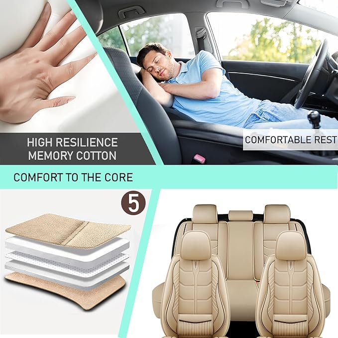 Leather Car Seat Covers Fit for Toyota Highlander 2001-2024, 5 Seater Car Seat Cover, Premium Waterproof, Scratch Resistant Car Interior Accessories (Full Set Beige)