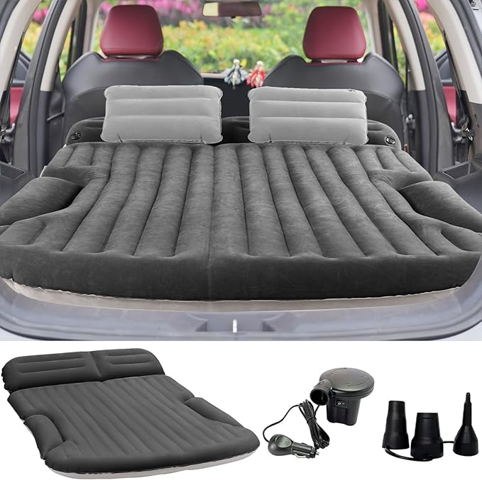 KMZ SUV Air Mattress Thickened and Double-Sided Flocking Travel Camping Bed with 2 Pillows & Electric Pump Dedicated Mobile Cushion Inflatable Bed for SUV Trunk and Rear Seat (Dark Gray)