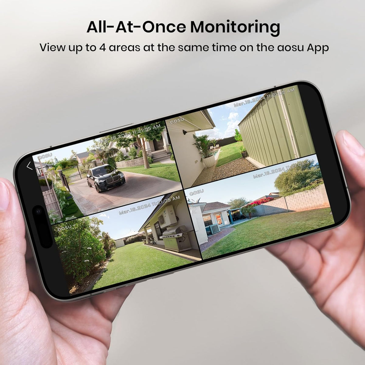 AOSU Security Cameras Outdoor Wireless, 4 Cam-Kit, No Subscription, Solar-Powered, Home Security Cameras System with 360° Pan & Tilt, Auto Tracking, 2K Color Night Vision, Easy Setup, 5G & 2.4G WiFi