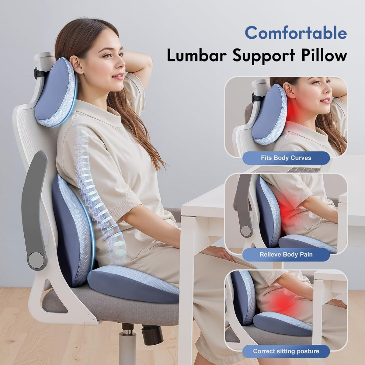 FLORICH Seat Cushion and Lumbar Support Pillow for Office Chair Car, Car Neck Pillow, Ergonomic Memory Foam Back Support for Office Gaming Chair Wheelchair, Relieves Neck, Back & Sciatica Pain – Blue
