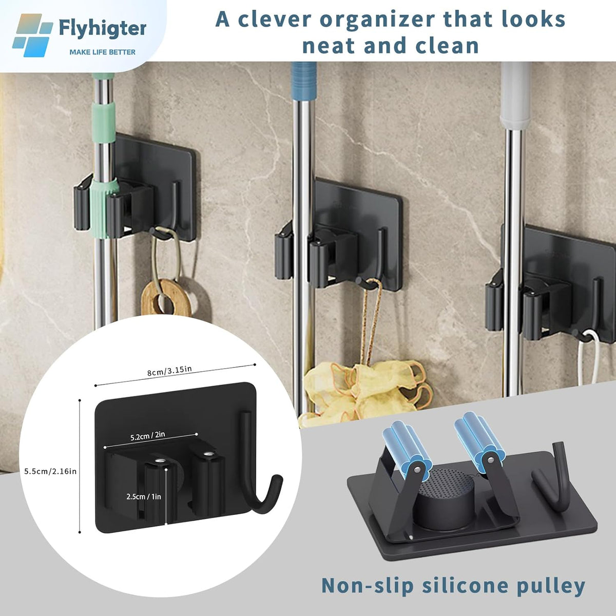 8 Pack Stainless Steel Mop Clips – Heavy Duty Wall Mounted Broom Holders, Rustproof & Tool-Free Install with Back Adhesive or Glue for Home and Garage