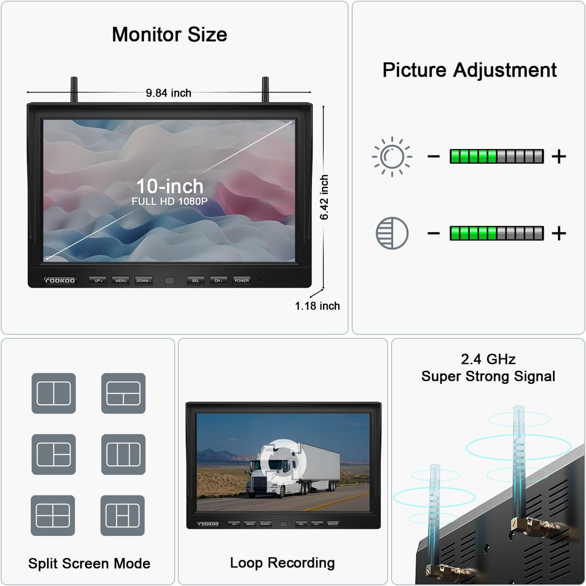 Fookoo 1080P 10" Magnetic Wireless Backup Camera 10" HD Split Screen Monitor,Rechargeable 2 Side View 2 Rear View Cameras,Low Consumption 1-Min DIY Install No Drilling for RV Trailer Truck DCX104