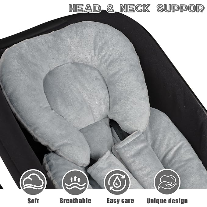 Infant Car Seat Insert Head and Body Support, GFU Reversible Newborn Insert for Carseat with Strap Pads, Soft Stroller Cushion Pillow Insert for Boys and Girls, Fits for Stroller, Swing, Grey