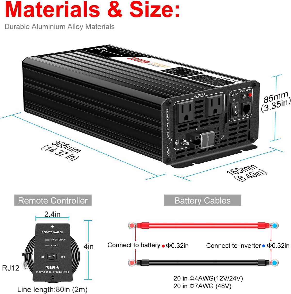 Xijia 2000W Pure sine Wave Power Inverter (Peak Power 4000W) dc 12v to 110v/120V ac 60HZ LCD-Display Bluetooth Remote Control,2 AC Outlets for RV, Camping, Boat,Outdoor