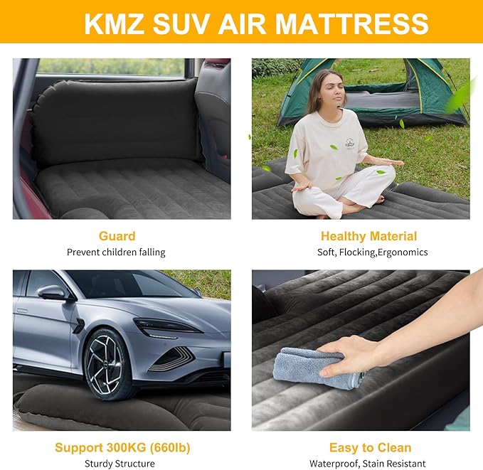 KMZ SUV Air Mattress Thickened and Double-Sided Flocking Travel Camping Bed with 2 Pillows & Electric Pump Dedicated Mobile Cushion Inflatable Bed for SUV Trunk and Rear Seat (Dark Gray)