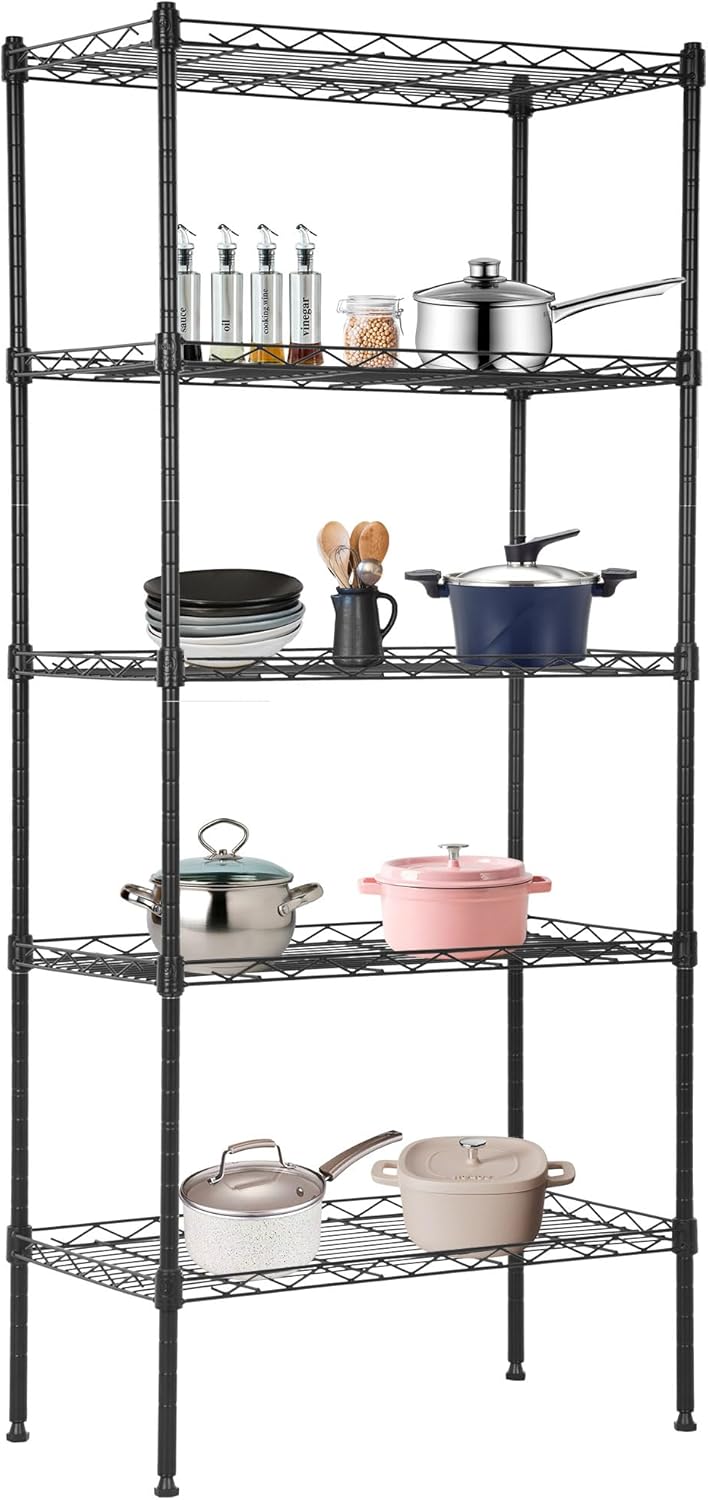 BestOffice Garage Shelving 5 Tier Metal Storage Shelves 750lbs Weight Capacity Heavy Duty Wire Shelving NSF Certified Utility Shelves with Leveling Feet for Garage Home Office, Black