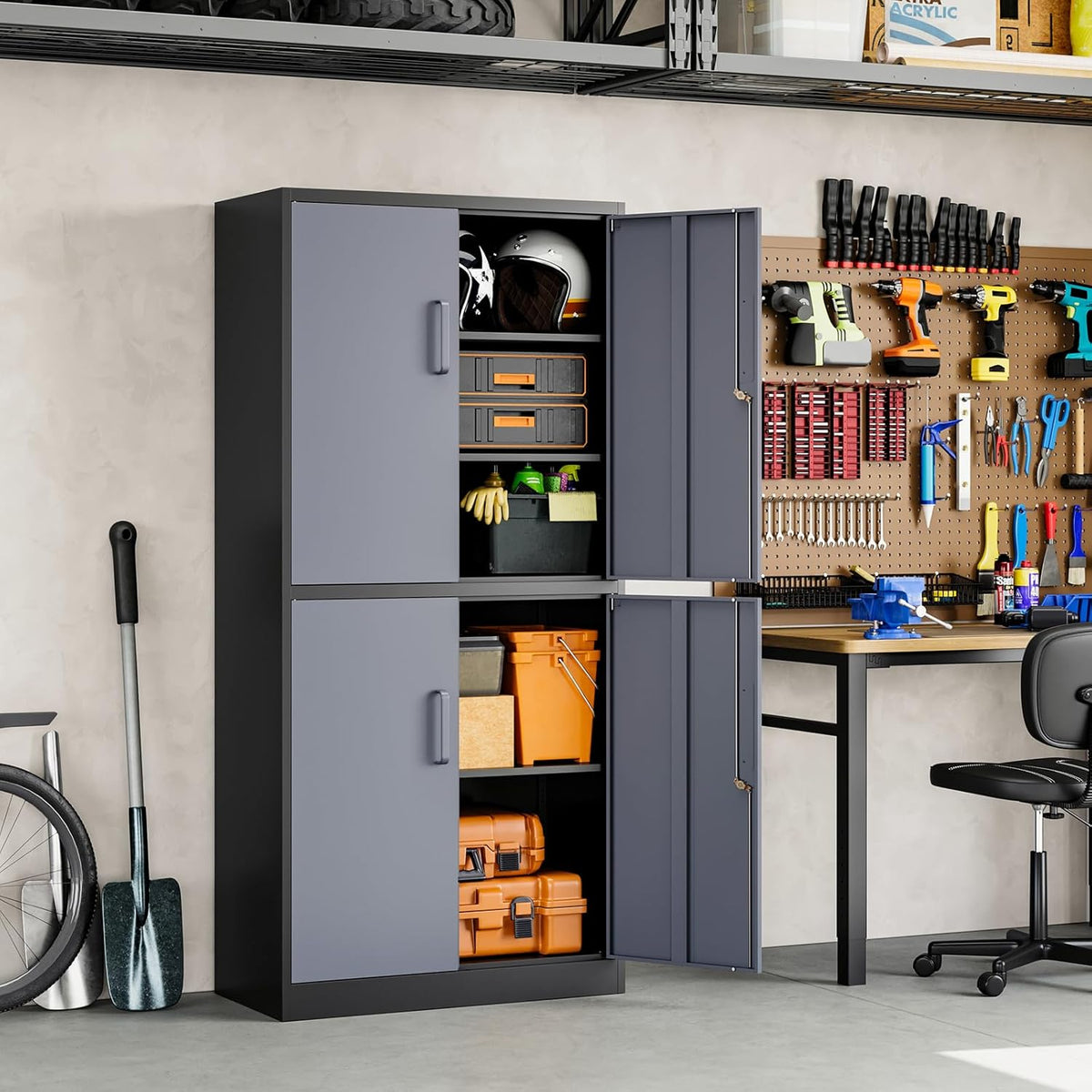 Yizosh Metal Storage Locking Cabinet with 4 Doors and 2 Adjustable Shelves,71" Lockable Garage Tall Steel Cabinet,for Home Office,Living Room,Pantry,Gym,Commercial Storage (Gray Black)