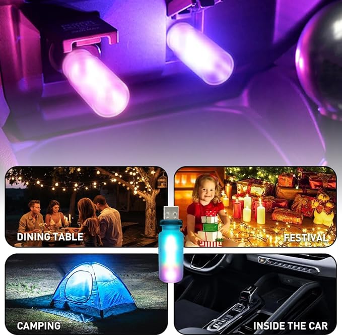 14 in 1 Modes Car USB Night Light, 7 Colors Touch Adjustment LED Ambient Lighting USB Automotive Interior Night Lamps, Mini LED Bulb for Car, Camping, Holiday Decoration, Bedroom, Party(2Pcs)