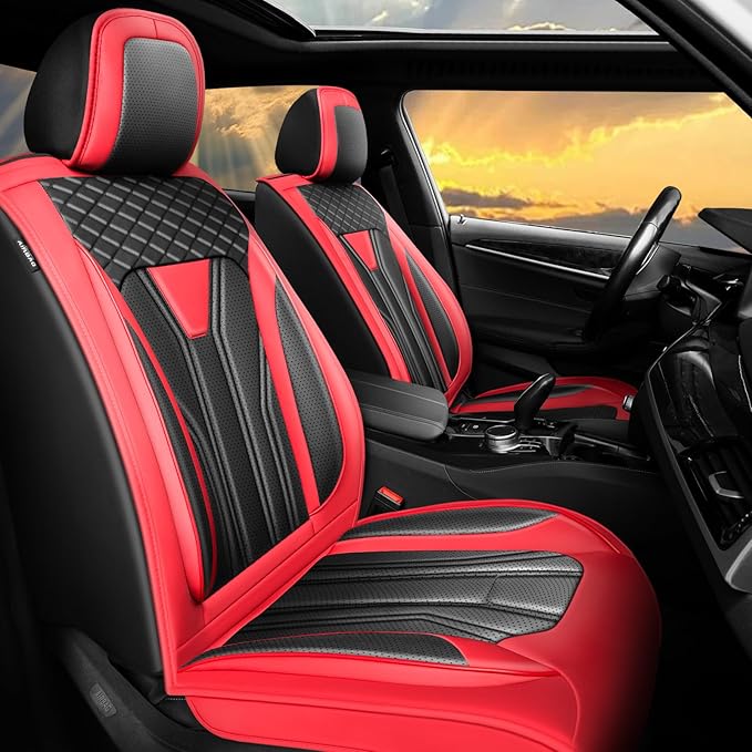 Fit Sentra Car Seat Covers Compatible with Nissan Sentra 2001-2025 2026 - Full Set Premium Leather， Waterproof Breathable， All-Weather Seat Cushion Protecto&Airbag Compatible （Red & Black