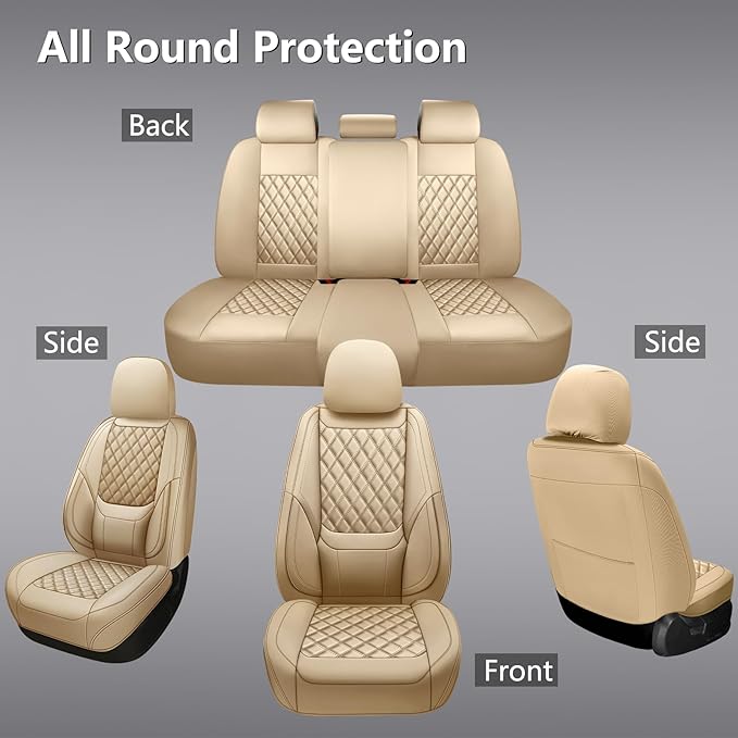 Car Seat Covers Full Set,Universal Fit for Cars,SUVs,Trucks,and Sedans with 5 Seats,Faux Leather Car Seat Cushion Compatible with Airbags,Waterproof Car Seat Protector,Beige