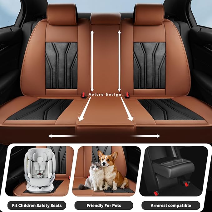 Fit Leaf Car Seat Covers Compatible with Nissan Leaf 2012-2025 2026 - Full Set Premium Leather， Waterproof Breathable， All-Weather Seat Cushion Protecto&Airbag Compatible（Brown & Black
