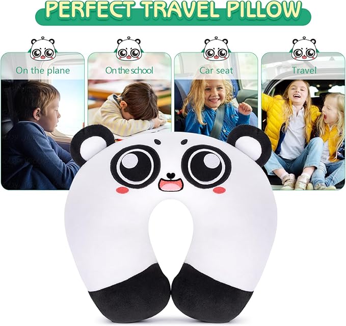 H HOMEWINS Travel Pillow for Kids,Cute Animal Neck Pillow for Boys Girls,Soft Neck Head Chin Support Pillow,Travel Accessories for Airplane, Car, Train,Recline (Big Eyes Panda)