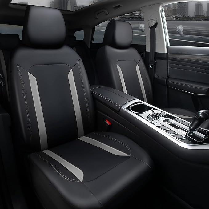 CAR PASS Universal Leather Car Seat Covers Full Set, Waterproof Durable PU, Airbag SRS, 2zipper in Rear, Faux Leather Seat Covers 5 Seats Fit for SUV Pick-up Truck Vehicle Black with Grey