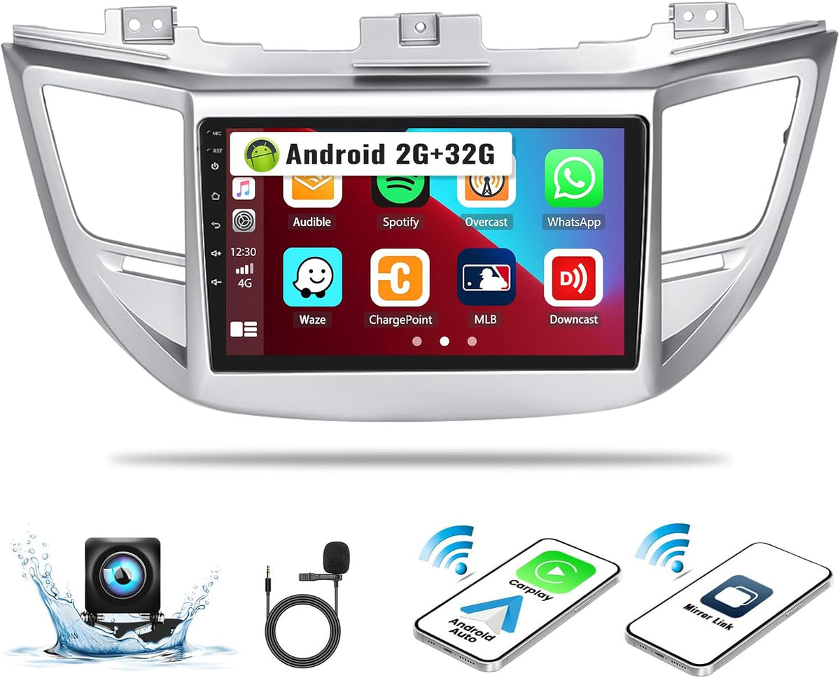 2G+32G 9 Inch Android Car Stereo for Hyundai Tucson 2015-2018 Radio Wireless Apple CarPlay Android Auto Bluetooth Touchscreen GPS Navigation Head Unit WiFi FM USB SWC Split Screen+AHD Backup Camera