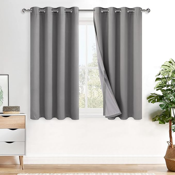 XWZO Complete Blackout Shades Window Curtain Panels with Tiebacks- Noise Reduction and Light Blocking Grommet Curtains with Black Liner for Studio, Basement Room, Grey, W52 x L54, Set of 2