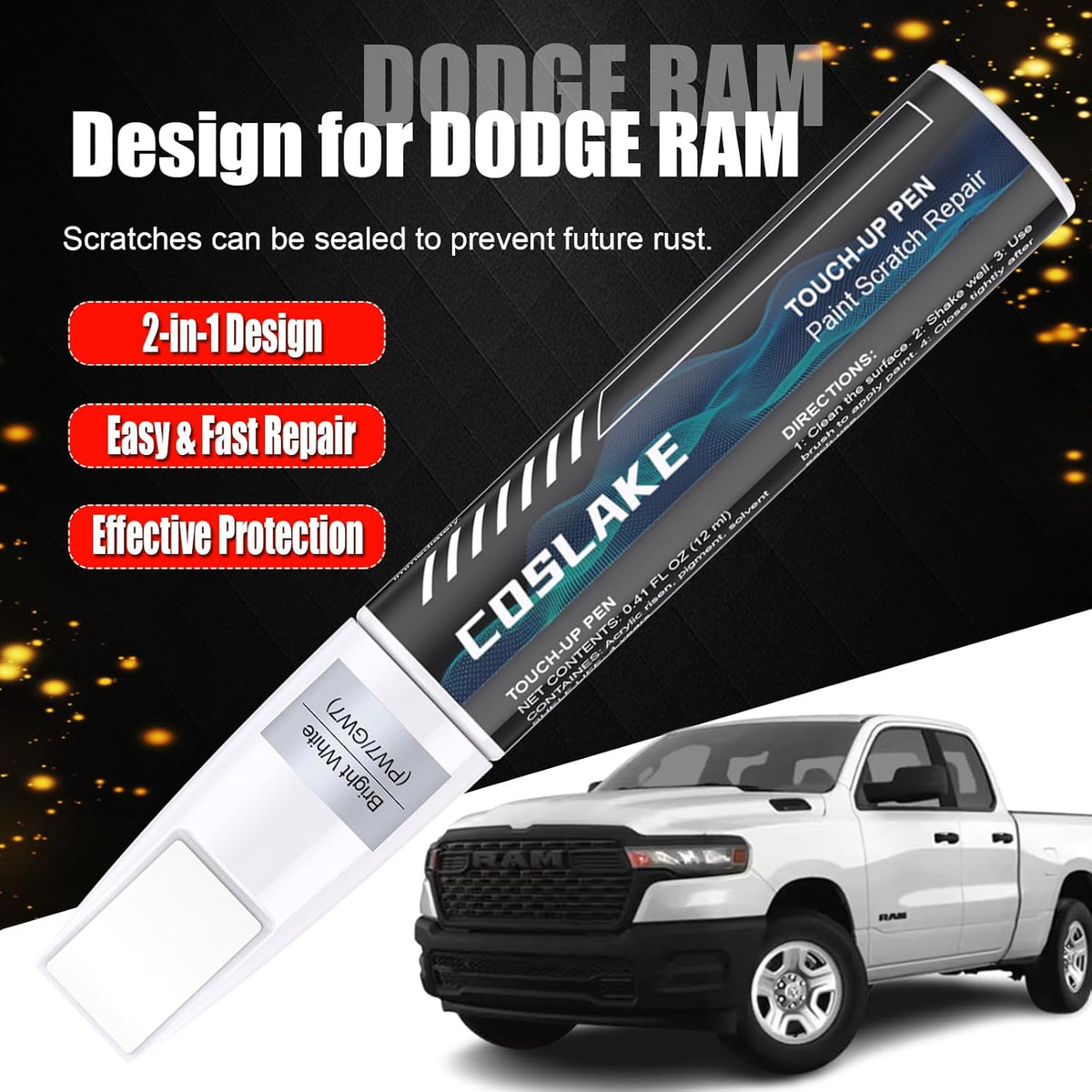 Car Touch Up Paint(Ivory White Tri-Coat Pearl-Coat(PWD/JWD)) for Dodge Ram, Car Paint Scratch Repair Kit, Quick & Easy Solution to Repair, 2 in 1 Scratch Remover Pen with 2PCS Disposable Micro Applicators